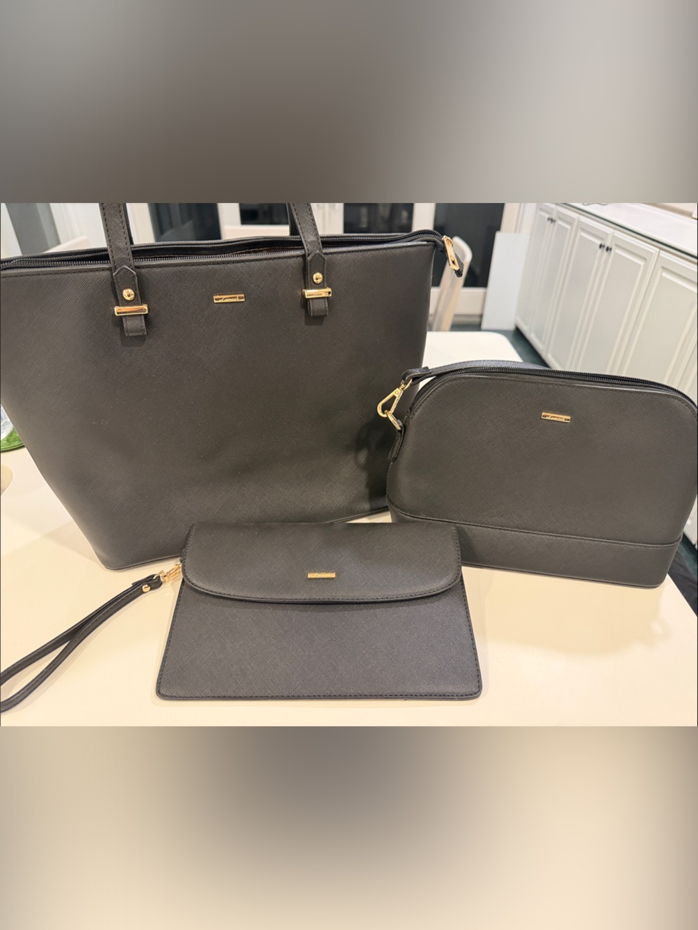3-Piece Black Tote, Crossbody & Wristlet Set with Gold Hardware
